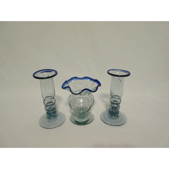 Hand Blown Recycled Mexican Glass Cobalt Blue Rim Candle Holder Set 3 - Picture 4 of 7